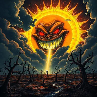 An evil face shines down from the sun onto a dead landscape, illuminating a single figure