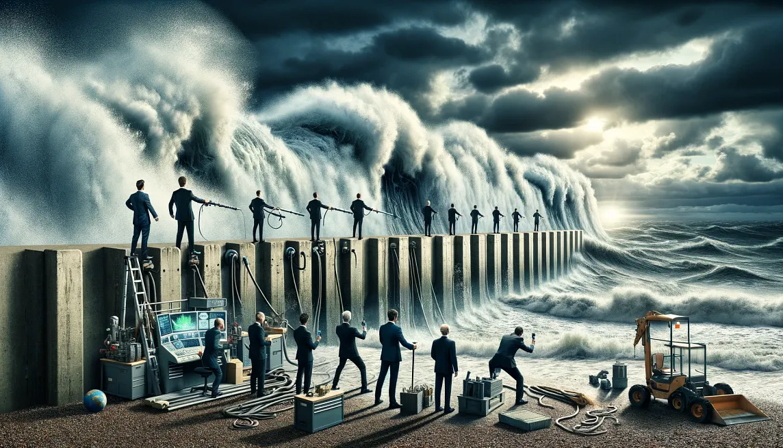 ChatGPT & DALL-E generated panoramic image that portrays modern billionaires on a coastal defense wall, facing an oncoming storm surge, symbolizing their attempt to command the forces of nature amidst the struggle against climate change