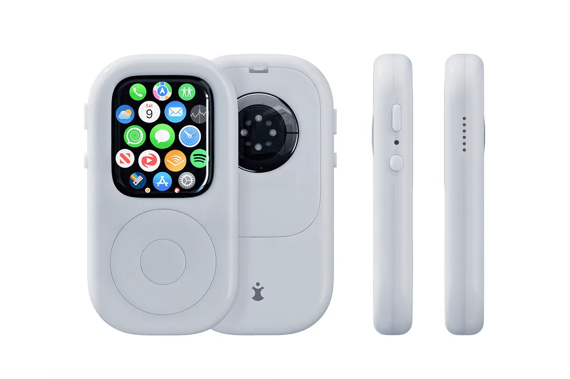 An image of the tiny pod. You can see that an Apple Watch is at the center with a click wheel as part of the case.