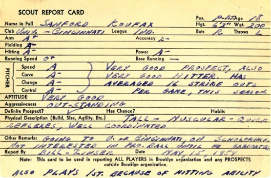 Sandy Koufax's scout report card from (circa 1954) courtesy of scouts.baseballhall.org