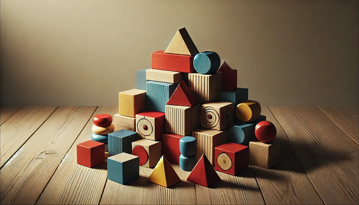 Small wooden blocks in different primary colors on top of a wooden floor.