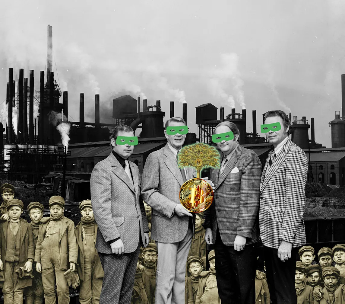 Four men in loud checked suits stand before a belching coal plant; the center two hold a glittering Bitcoin with a vivid green tree sprouting from it. They wear green domino masks. Behind them are ranks of 19th century child coal-miners.