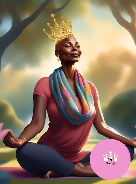 An African-American woman wearing a crown and doing yoga