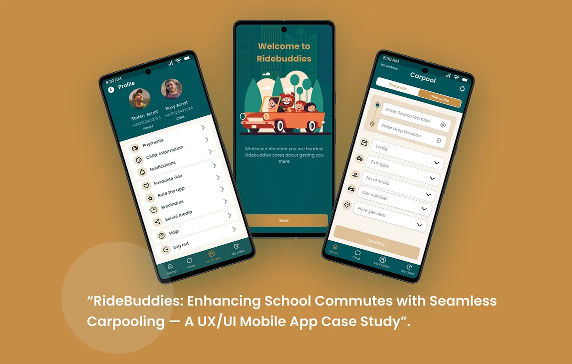 “RideBuddies: Enhancing School Commutes with Seamless Carpooling — A UX/UI Mobile App Case Study”.