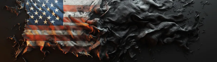 An American flag, edges and sides burned, frayed, and rotting, center shows partial field of stars and red and white stripes