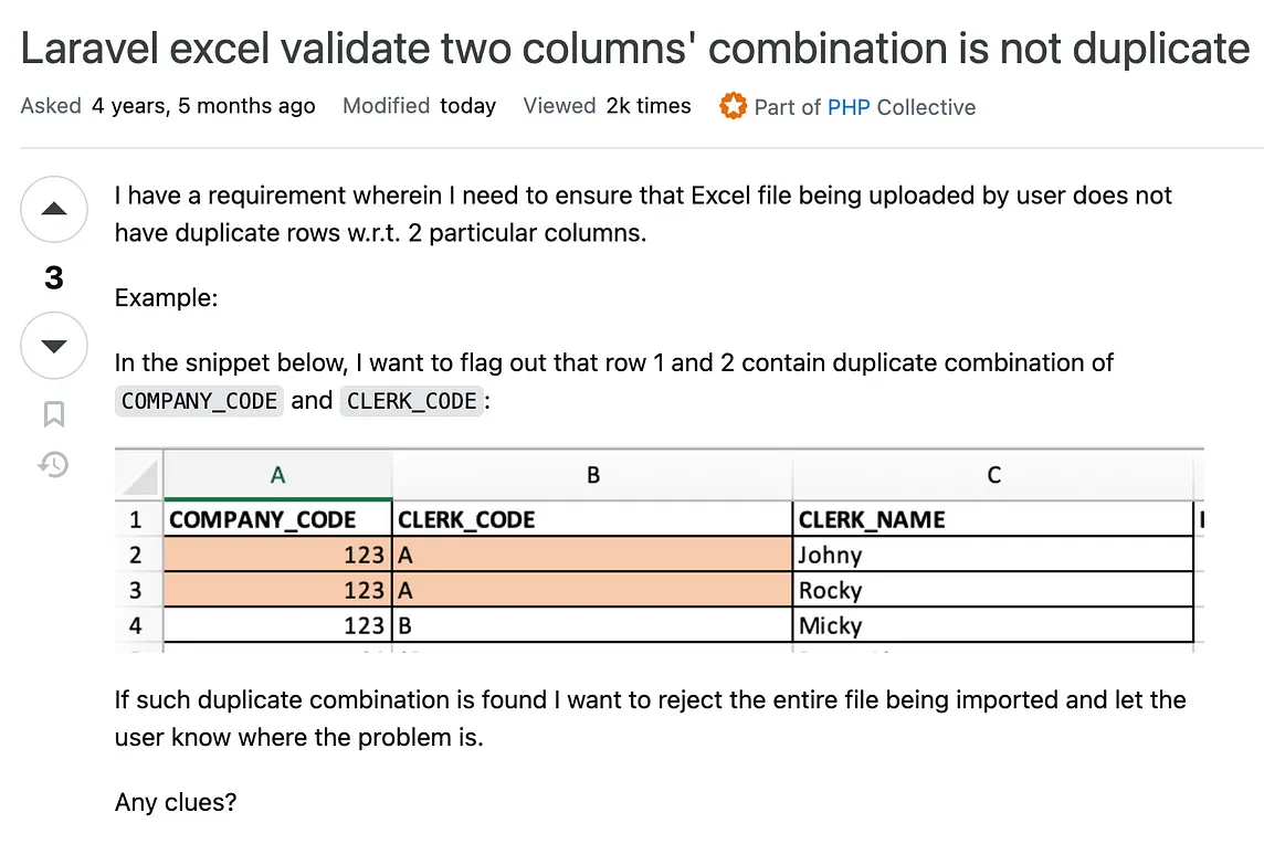 Laravel excel validate two columns’ combination is not duplicate