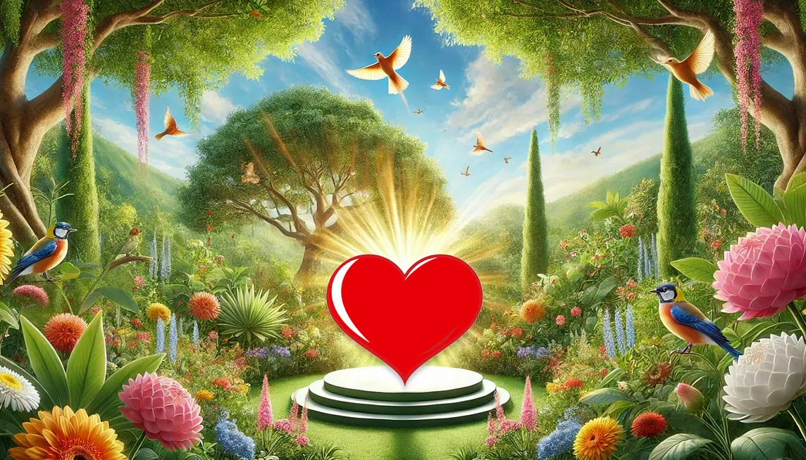 A glowing heart symbol in a vibrant, lush garden with birds and flowers, symbolizing love and compassion.