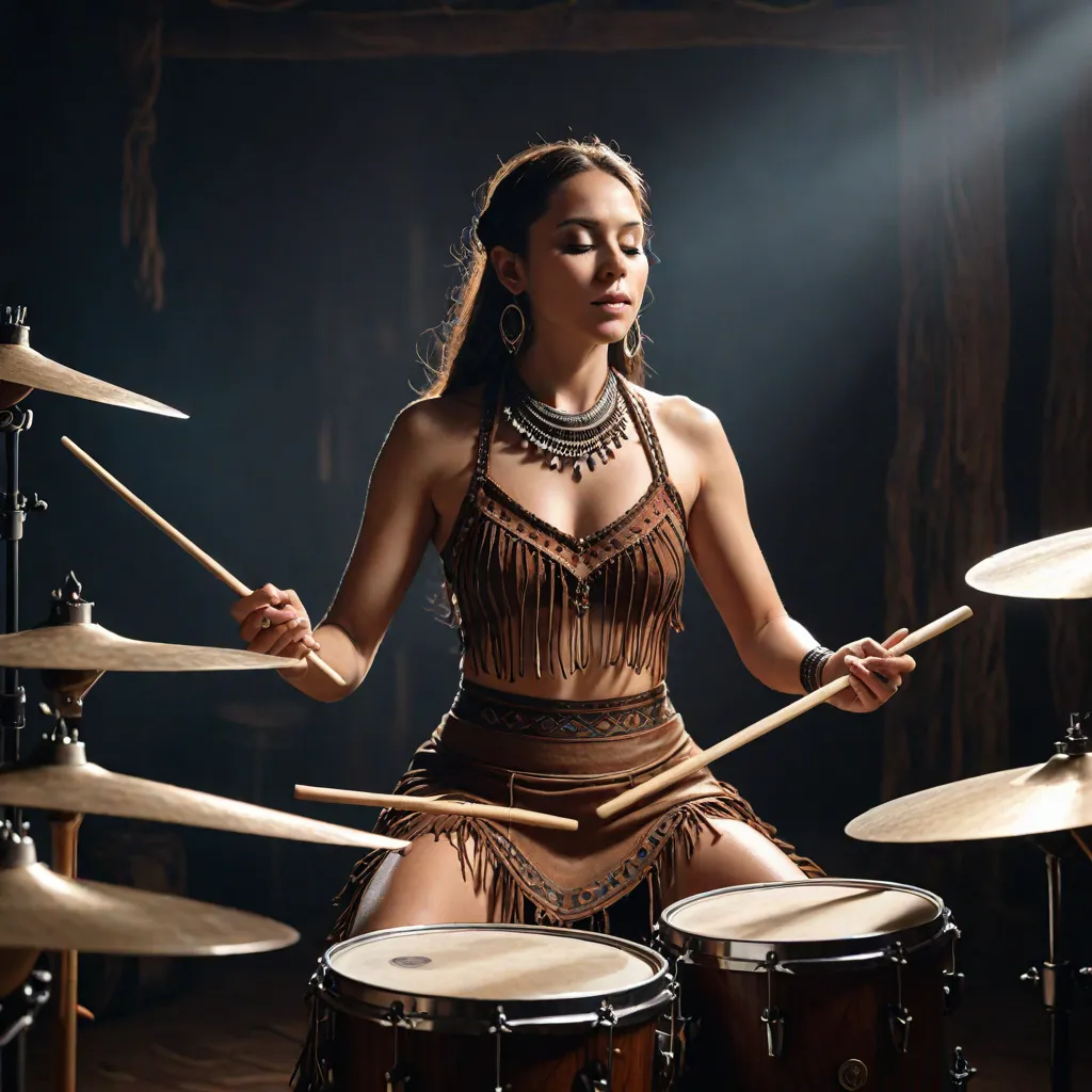 Shamanic Lady on Drums, created by author with hotpot.ai