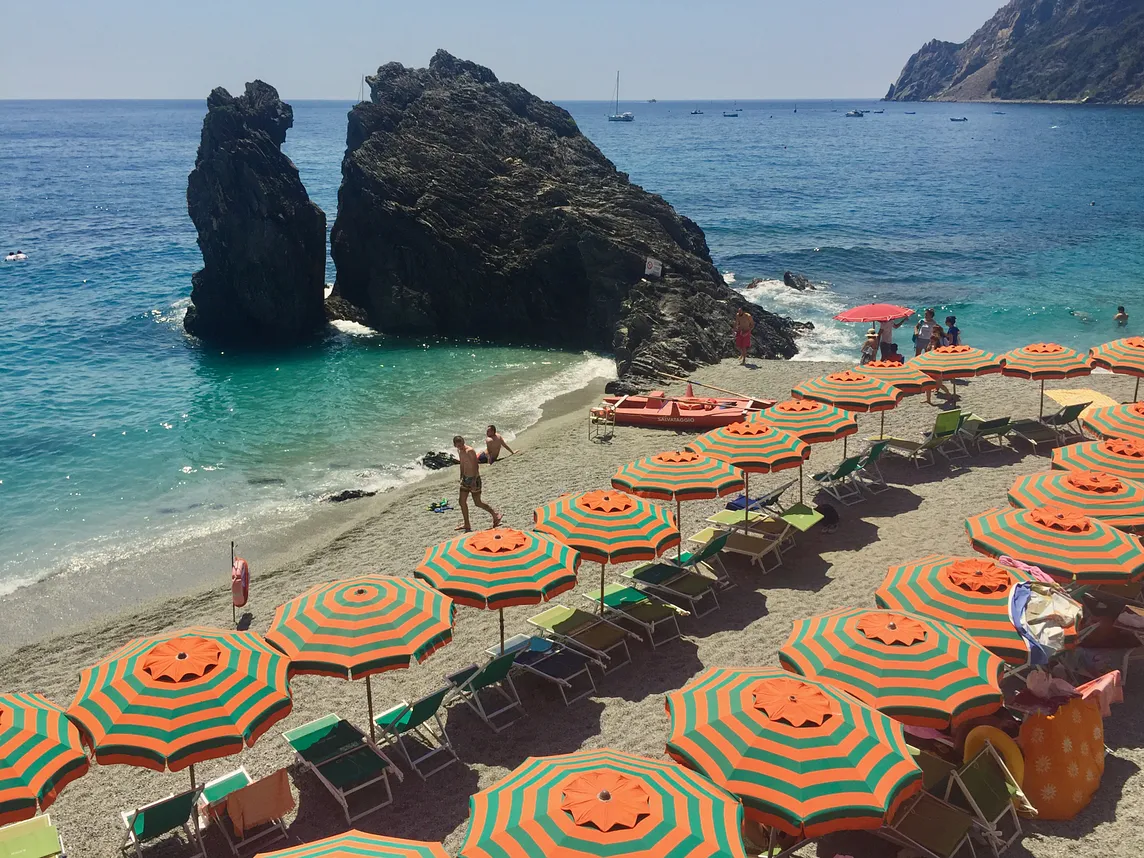 Looking down at the beach umbrellas at Monterosso al Mare. Source: Author’s archive.