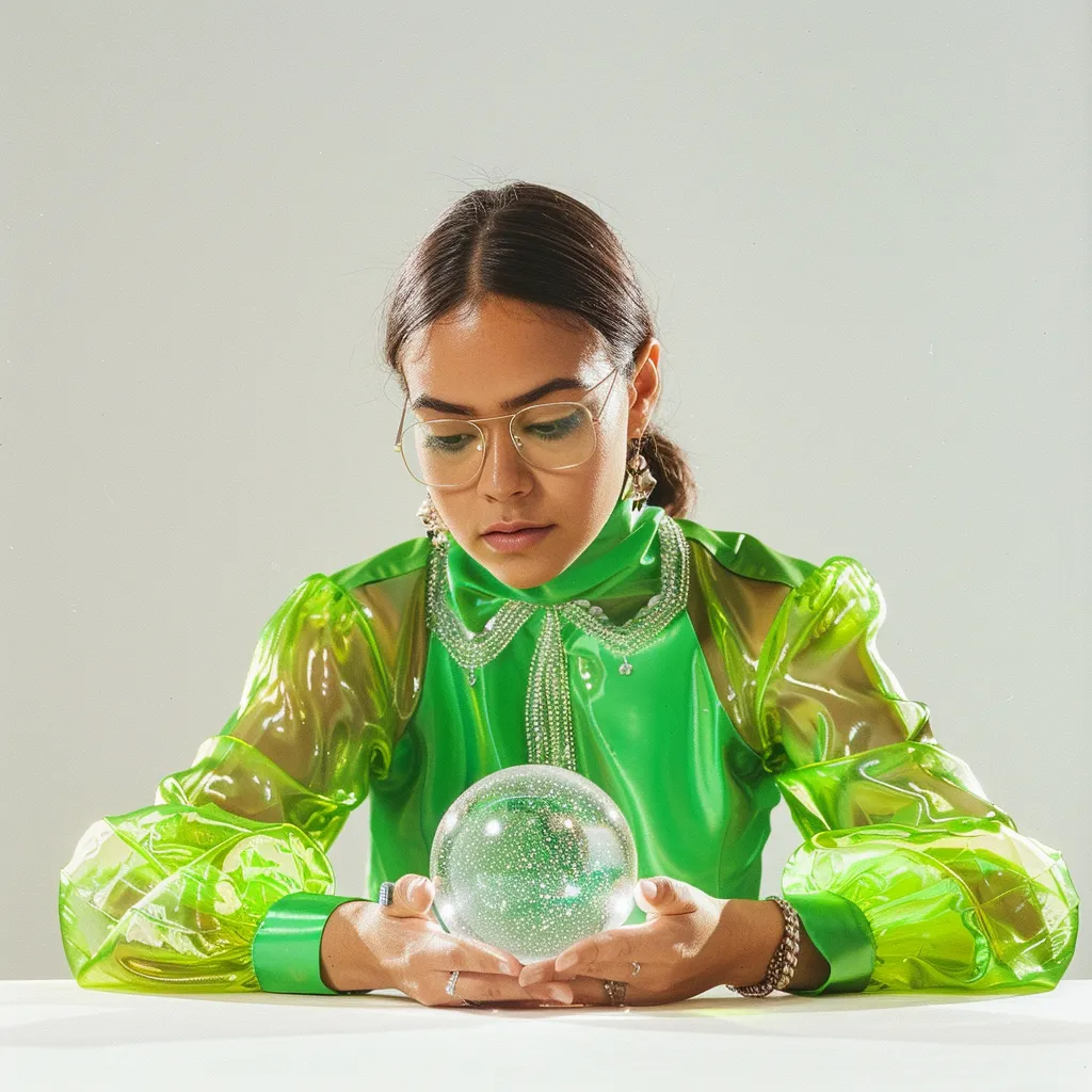 Woman in a bright green outfit staring into a crystal ball.