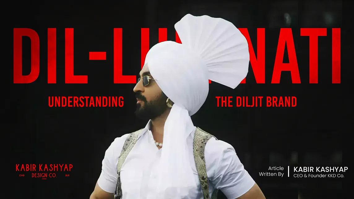 A stylized image featuring a man in a white turban and traditional outfit, with sunglasses and a confident pose. The bold red text ‘DIL-LUMINATI’ is displayed behind him, with the subtitle ‘Understanding The Diljit Brand.’ The article is credited to Kabir Kashyap, CEO & Founder of KKD Co., with design company branding appearing in the lower left corner