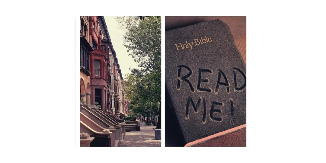 A new york Brownstone house and a dusty Bible that someone has written in the dust, “read Me”