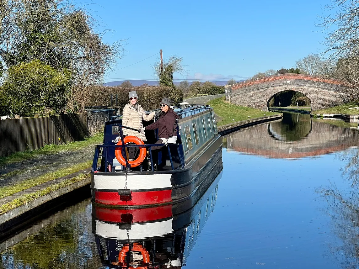 Photo of crew of hire narrowboat moored on canal. 

Photo use by permission and courtesy of Time2Geaux.