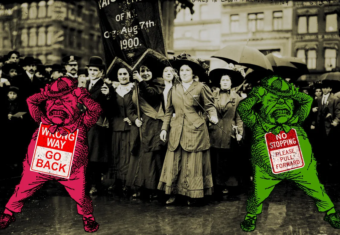 A group of women’s May Day marchers from the 1900 May Day labor march, dressed in period costume. In the foreground are two horizontally flipped images of a furious, hair-pulling Tweedledum as depicted by Tenniel. The left one is colored red and wears a sign that reads WRONG WAY GO BACK. The right one is colored green and wears a sign that reads NO STOPPING PLEASE PULL FORWARD.