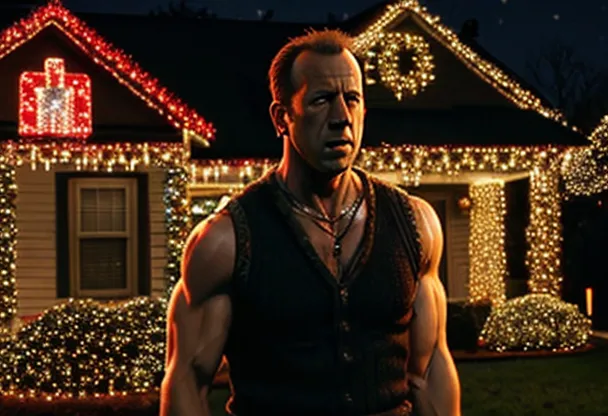 Die Hard Christmas lawn decorations with Bruce Willis