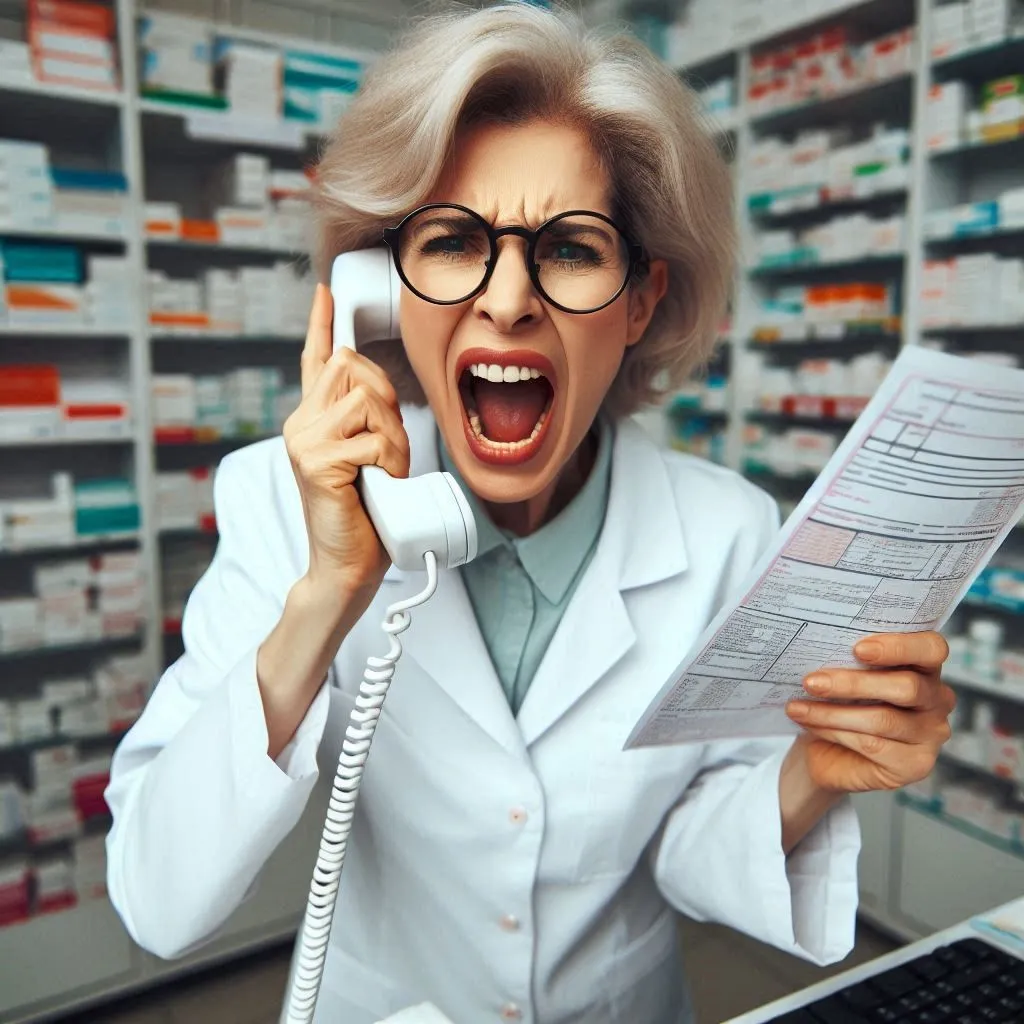 In a pharmacy a middle-aged woman wearing a white pharmacist’s uniform is on the phone yelling and holding up a handwritten prescription.