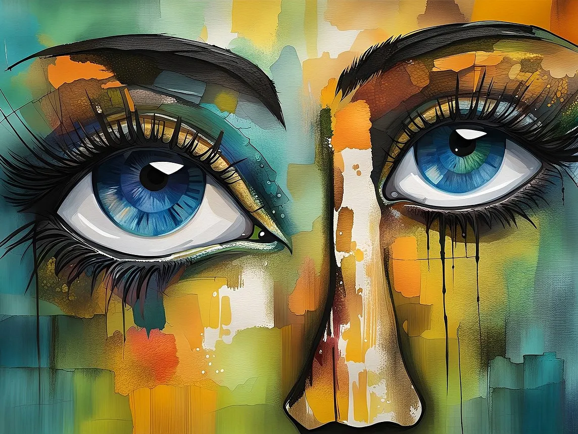 Abstract illustration of a face with distorted features. The asymmetrical eyes and lopsided nose evoke a sense of body dysmorphia or confusion. The background features colorful paint drips and splashes, which may symbolize trapped potential. The large, expressive eyes convey hope, while the dark paint drip under one eye may indicate inner struggle.