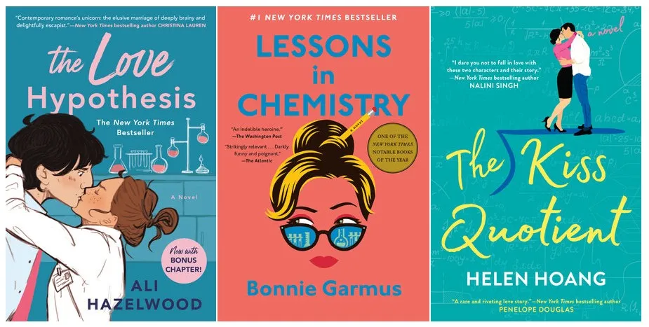 The covers of The Love Hypothesis, Lessons in Chemistry, and The Kiss Quotient side by side to show their similarities.