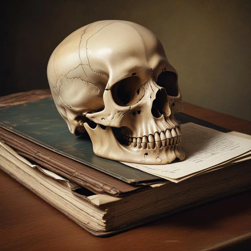 A skull sitting on top of old files and book.