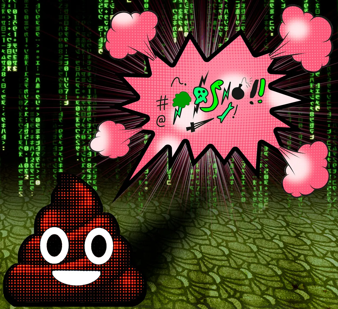 A poop emoji standing on an infinitely receding tiled floor against a ‘Code Waterfall’ background as seen in the credits of the Wachowskis’ ‘Matrix’ movie. It has a red, angular, steam-snorting speech bubble coming out of its mouth, full of ‘grawlix’ (nonsense punctuation meant to indicate swearing).