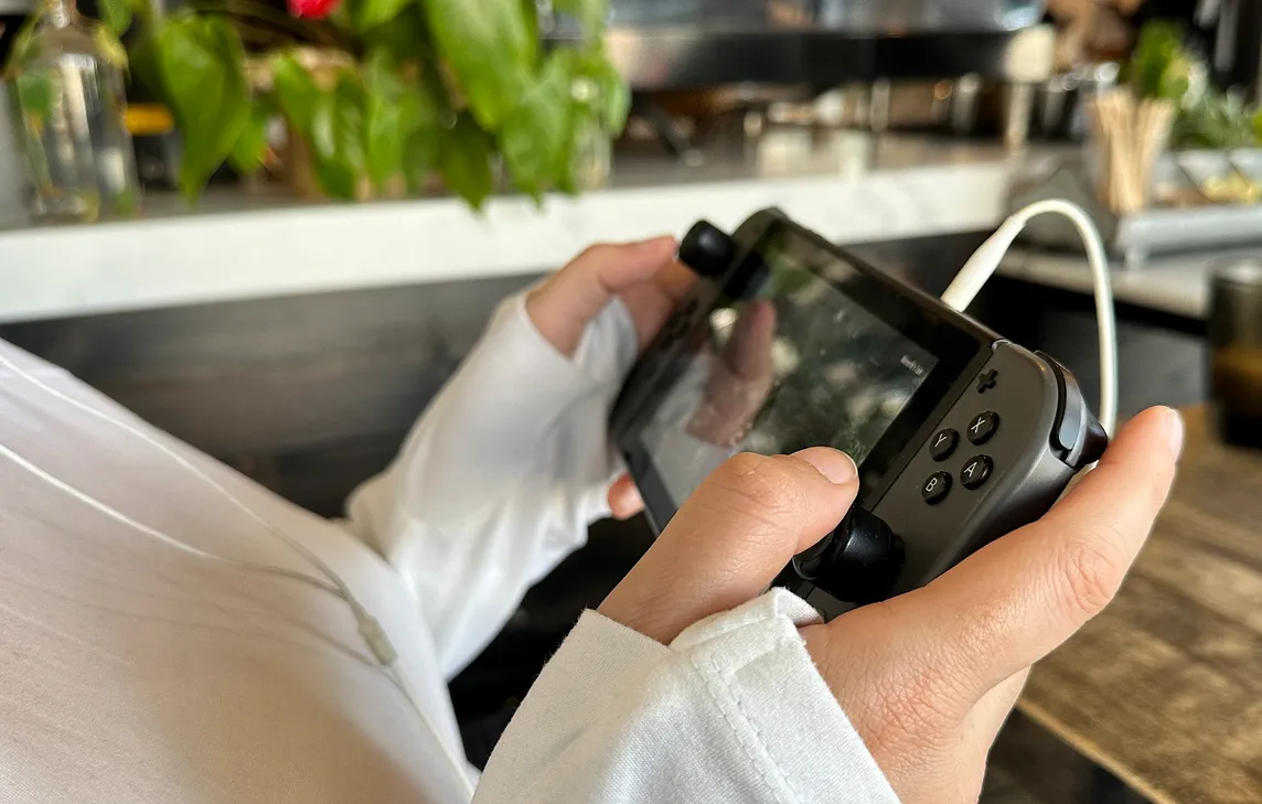 person playing a video game in a handheld console