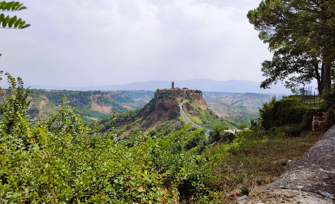 A landscape view of the Italian perched village of Civita di Bagnoregio