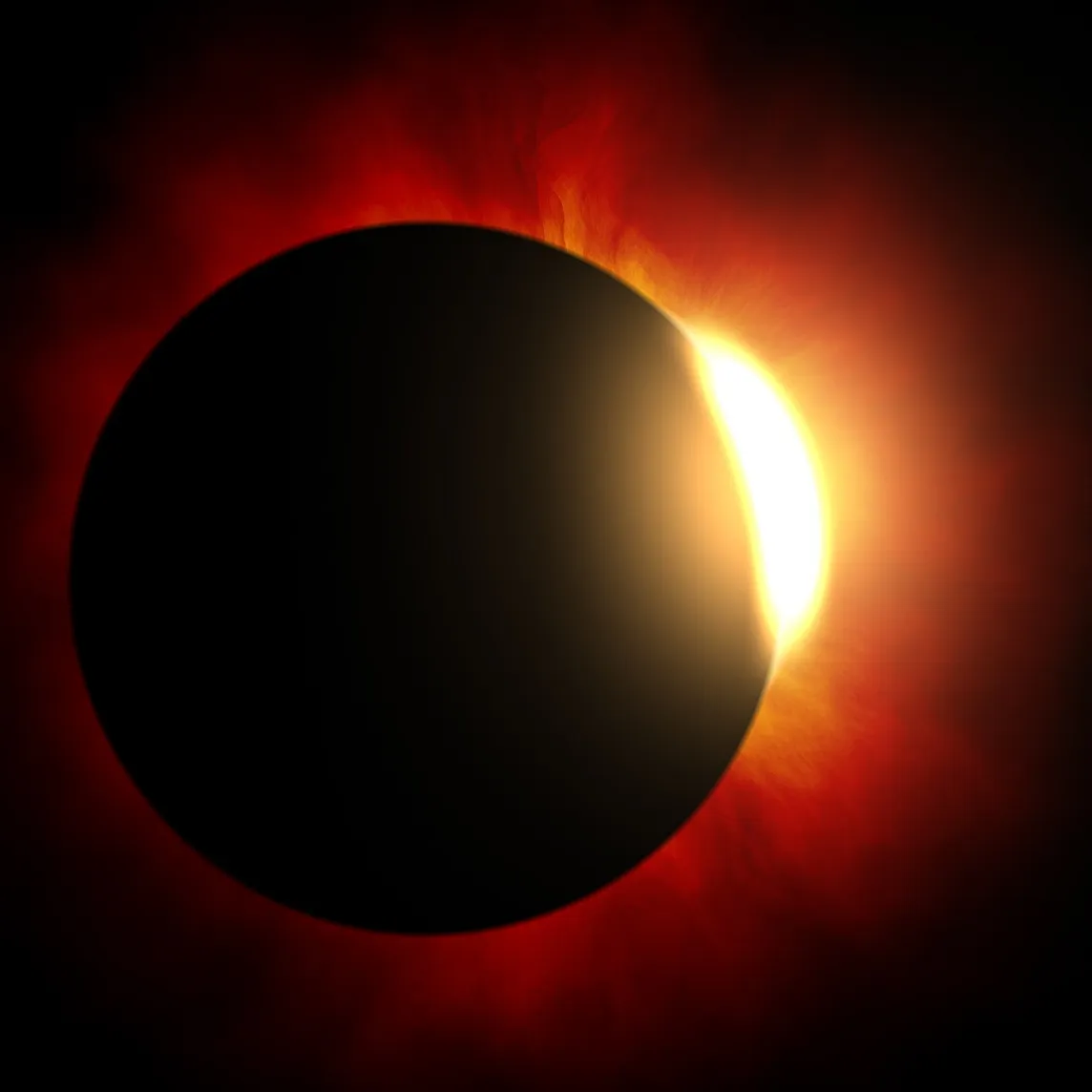 A photo of a solar eclipse — the moon is a dark circle blotting out most of the sun, which peeks out brightly on the top right in a sliver of light.