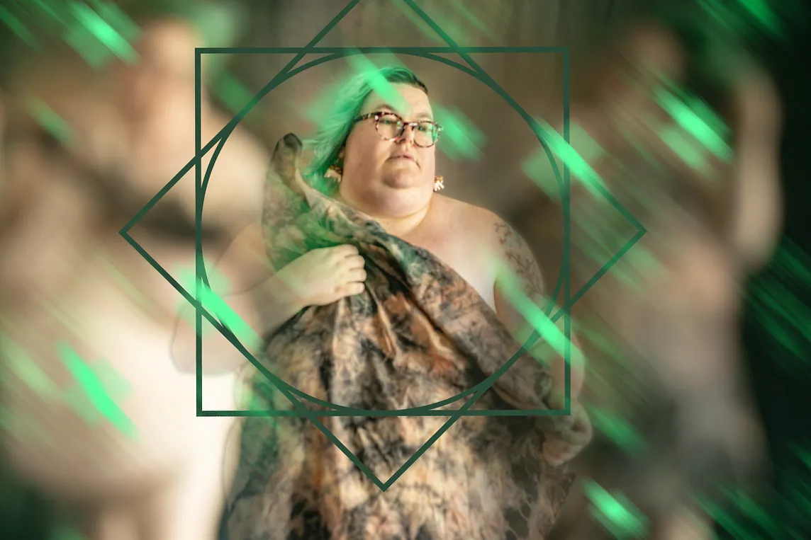 A very fat, white person looking off camera and holding a tie-dyed scarf. They are surrounded by a green set of geometric frames and the background is two photos of them naked, blurred almost beyond recognition.