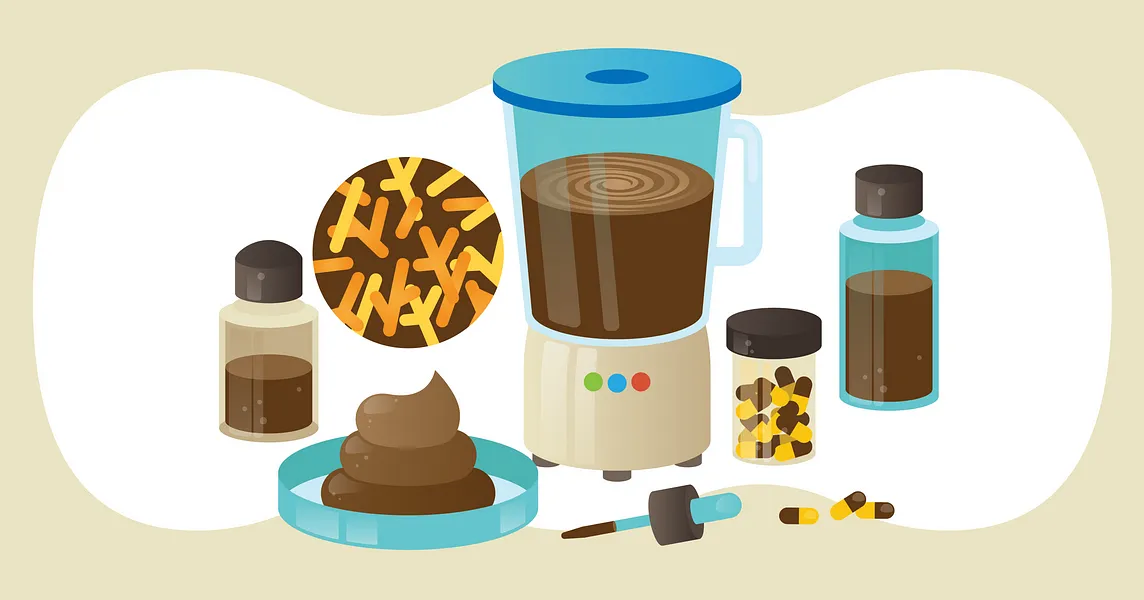 Illustration shows blender with brown material alongside vials of brown liquid and pills, and a petri dish holding poop.