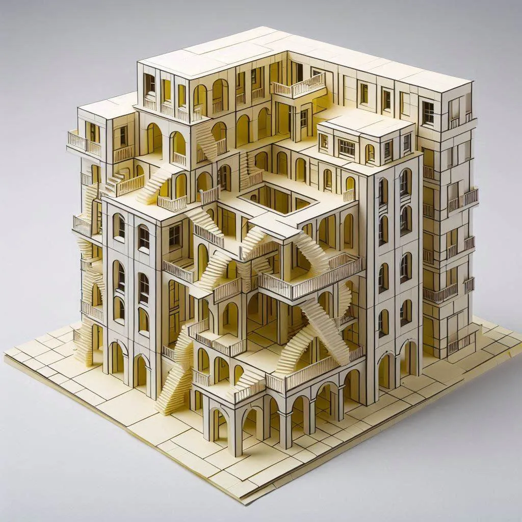 An Escher-style multi-storey building made of post-it notes, generated with AI.