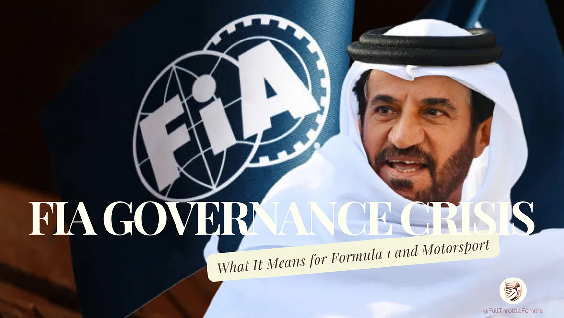 An image of the FIA flag flying and FIA president Mohammed Ben Sulayem with the text “FIA Governance Crisis: What It Means for Formula 1 and Motorsport”