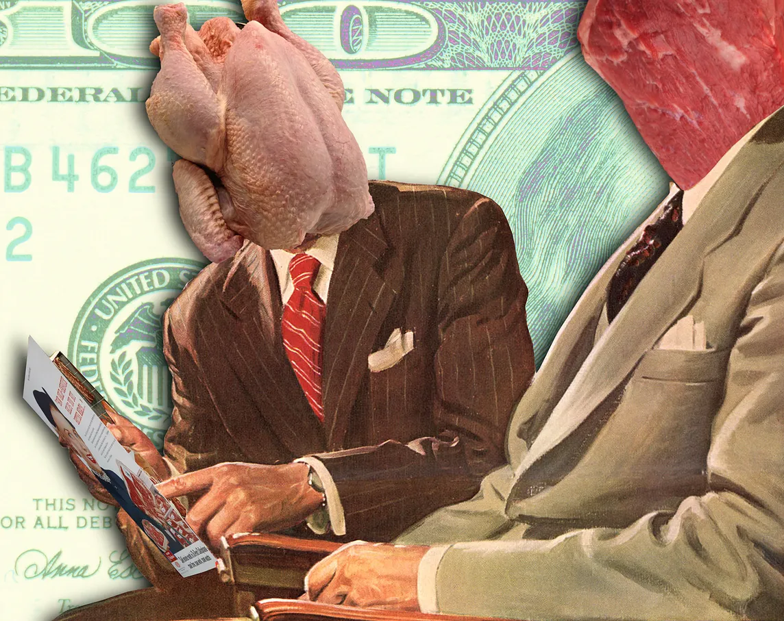 Two men in suits seated next to each other. The younger man is pointing at a brochure. The younger man’s head has been replaced with a whole roast chicken. The older man’s head has been replaced with a large beef roast. The brochure has been replaced with vintage meat ads. The background is a cropped section of of a high-magnification scan of a US $100 bill, colors faded and shifted.