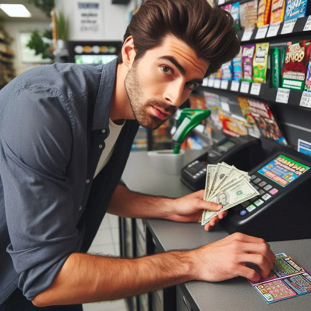 a handsome, dark-haired man in his 20s is holding a stack of twenty-dollar bills in his left hand and has his right hand on top of a scratch-off lottery ticket