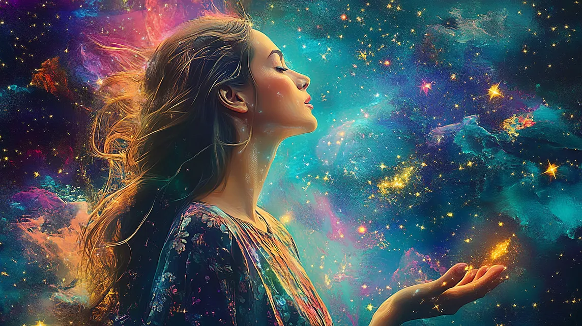 The image portrays a woman with a serene, contemplative expression surrounded by a cosmic, starry background, which can symbolize the vastness of emotions and the journey of self-discovery.