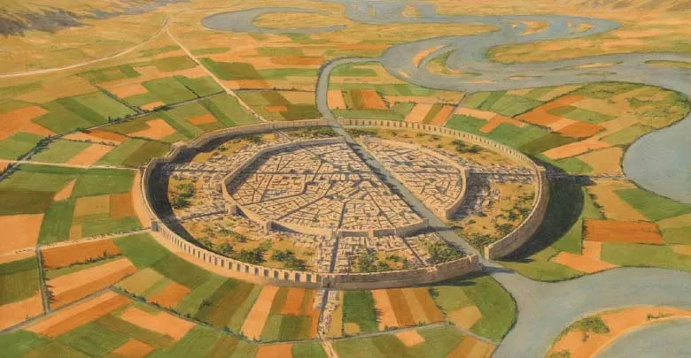 An artist’s rendering of a circular city bisected by a river, surrounded by cultivated fields and protecting an inner circle dense with buildings.