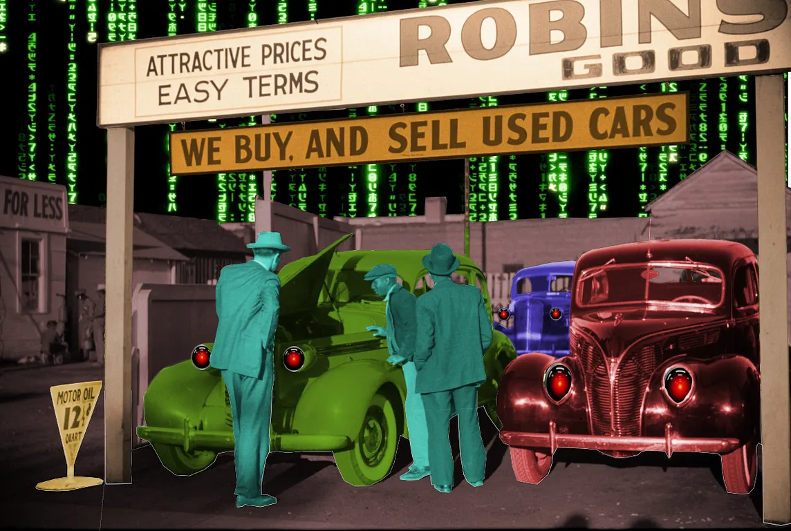 A Depression-era photo of a used car lot with three cars for sale. It has been hand-tinted. The sky has been replaced with a ‘code waterfall’ effect as seen in the credit sequences of the Wachowskis’ ‘Matrix’ movies. All of the car headlights have been replaced with the hostile red eye of ‘HAL 9000’ in Kubrick’s ‘2001: A Space Odyssey.’ Image: Cryteria (modified) https://commons.wikimedia.org/wiki/File:HAL9000.svg CC BY 3.0 https://creativecommons.org/licenses/by/3.0/deed.en