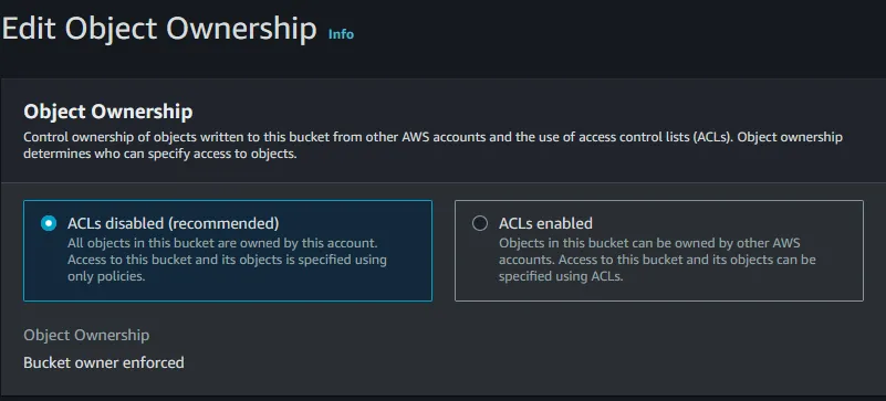 AWS disabled S3 ACL