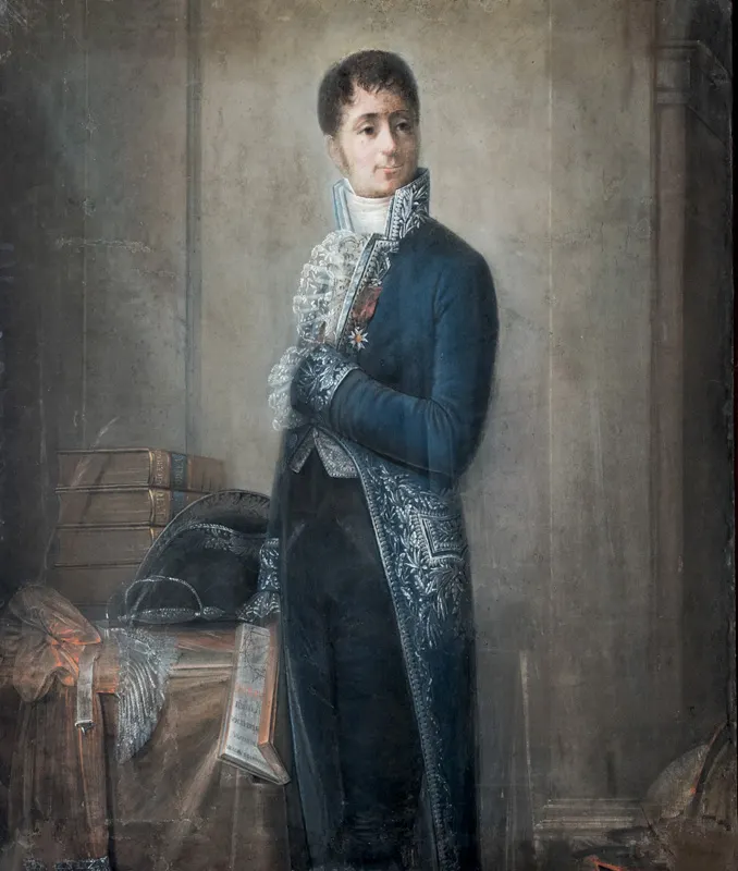 Depiction of Joseph Fourier by artist Claude Gautherot. The painting depicts Fourier at age 34 when he was appointed prefect of Isère, with the attributes of his office: the coat, the hat and the sword. Behind him, Plato and Cicero mark his taste for the classical humanities; he is holding Newton’s Principia, open to one of the figures that support the demonstration of the elliptical motion of the planets from the law of universal attraction.