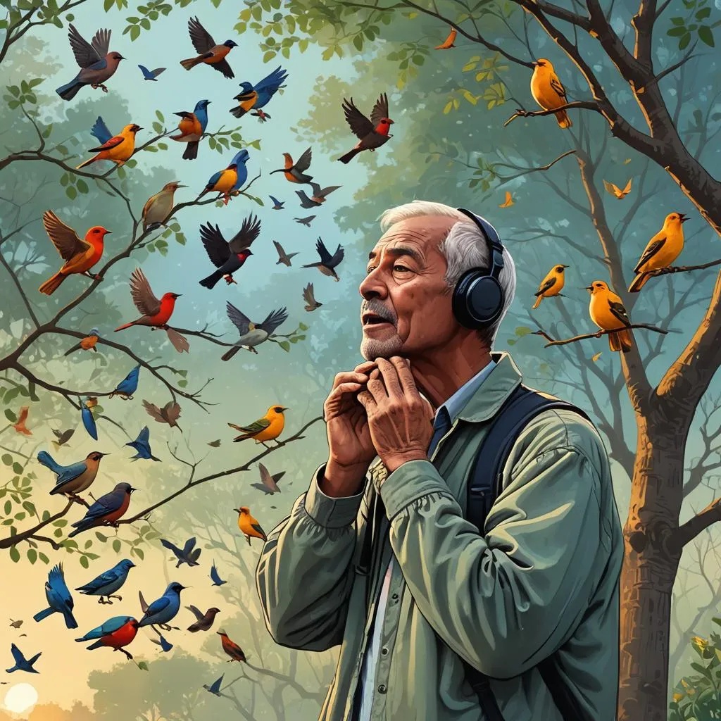Elderly man using headphones to listen to birds singing in the dawn chorus.