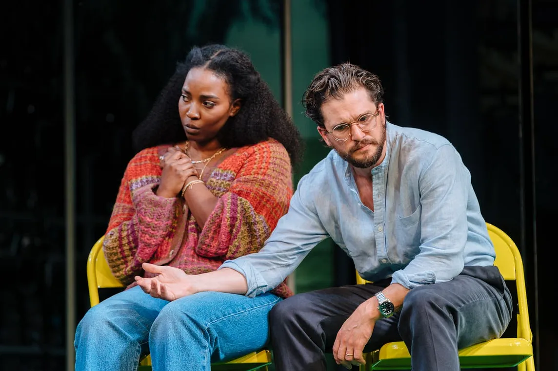 Olivia Washington as Kaneisha, and Kit Harington as Jim on the stage of the Noël Coward Theatre in ‘Slave Play’