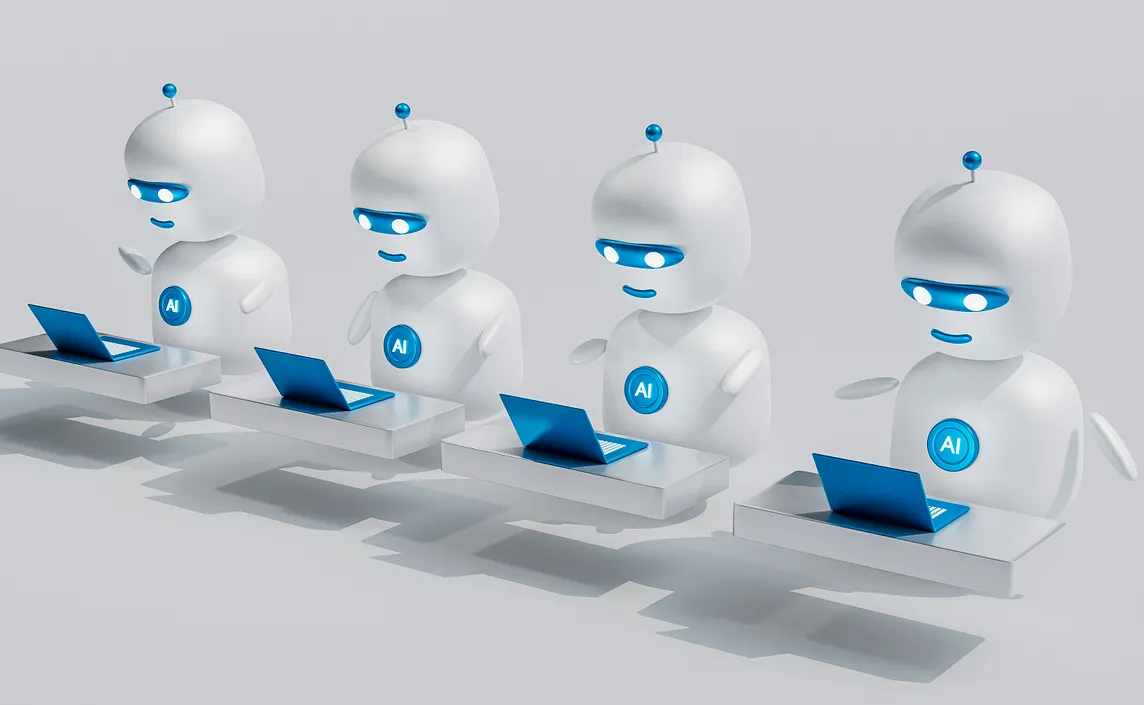 Robots typing on keyboards.