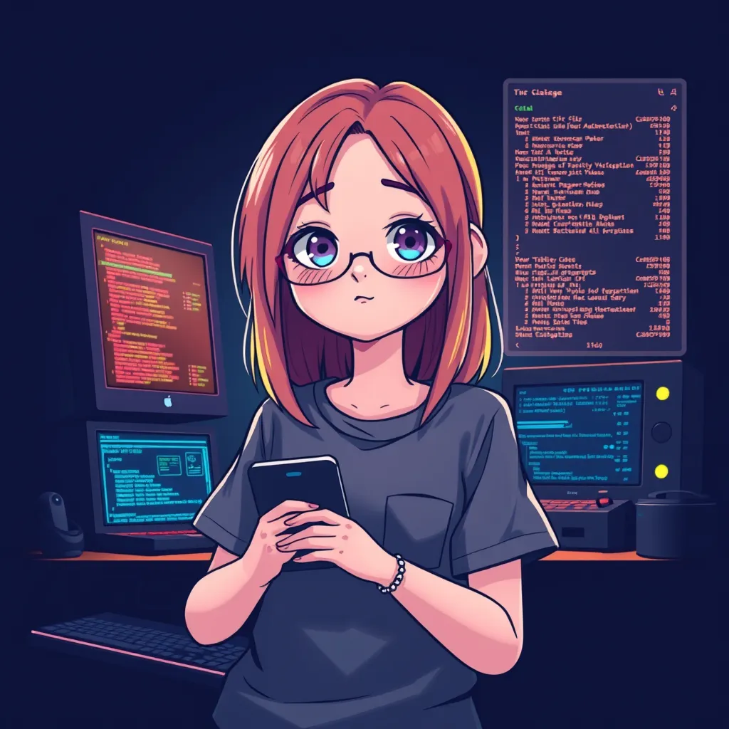 Random ai generated image with animated girl and screens with code in the background.