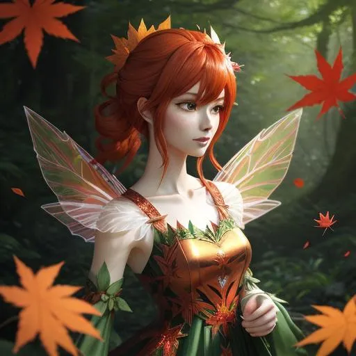 Maple leaf fairy with reddish orange hair. Walking through a wood while red and orange maple leaves are falling around her. Image by the author using Night Cafe Studio.