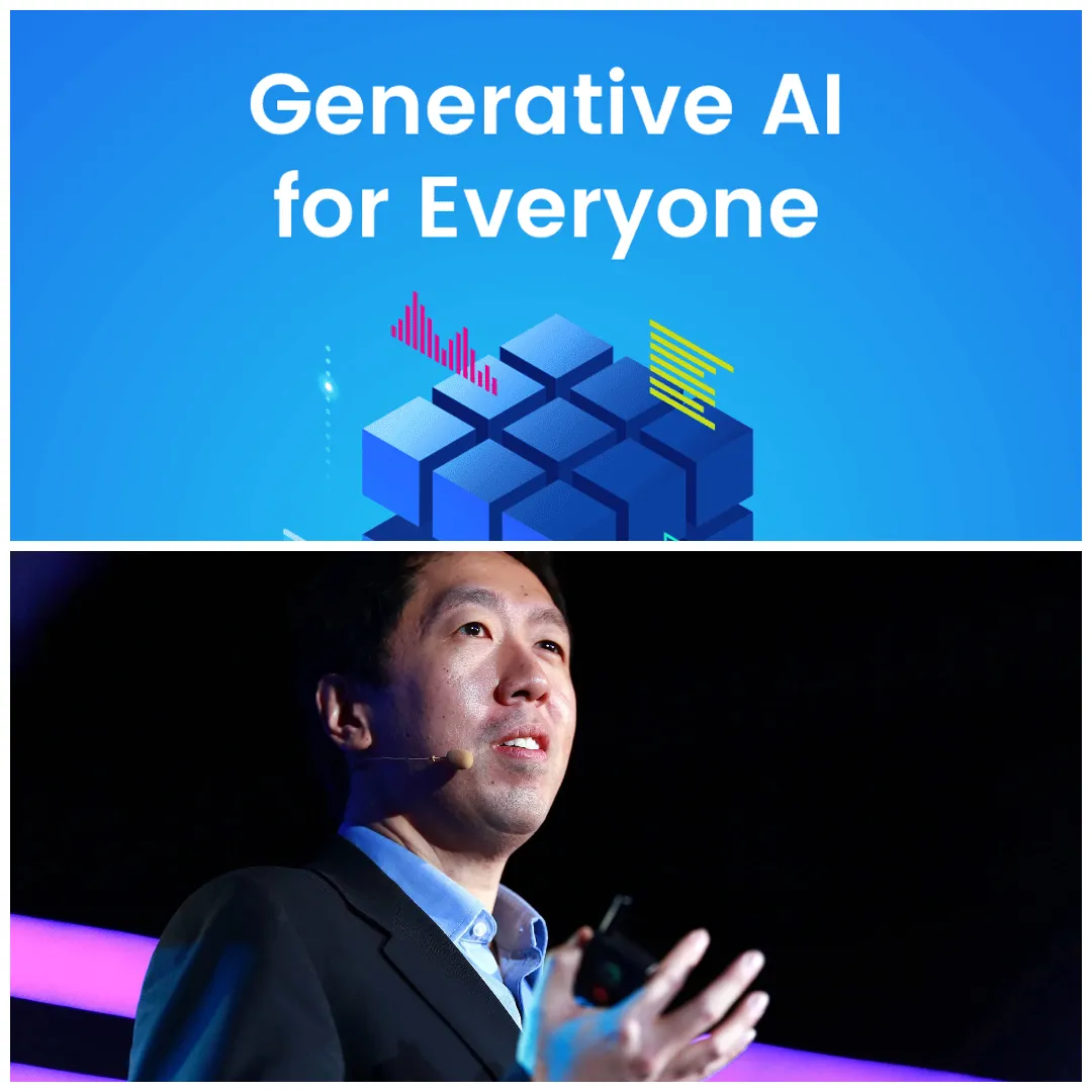 Photo collage of Andrew Ng (bottom) and Generative AI course title (Top)