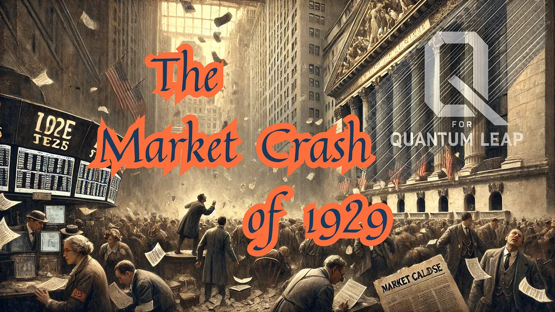 An impressionistic painting depicting the chaotic aftermath of the 1929 Stock Market Crash. The scene features Wall Street traders in turmoil, throwing and scattering papers, surrounded by frantic activity. Tall, shadowy buildings loom above, including the New York Stock Exchange with American flags draped over its grand columns. A dramatic orange text overlay reads “The Market Crash of 1929,” while the “Q for Quantum Leap” logo adds a modern contrast to the vintage setting.