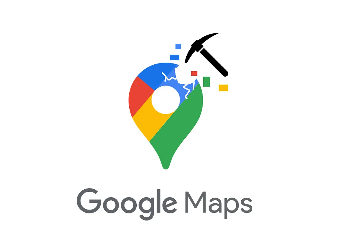 Image of Google Maps’ logo with the image being mined with an axe