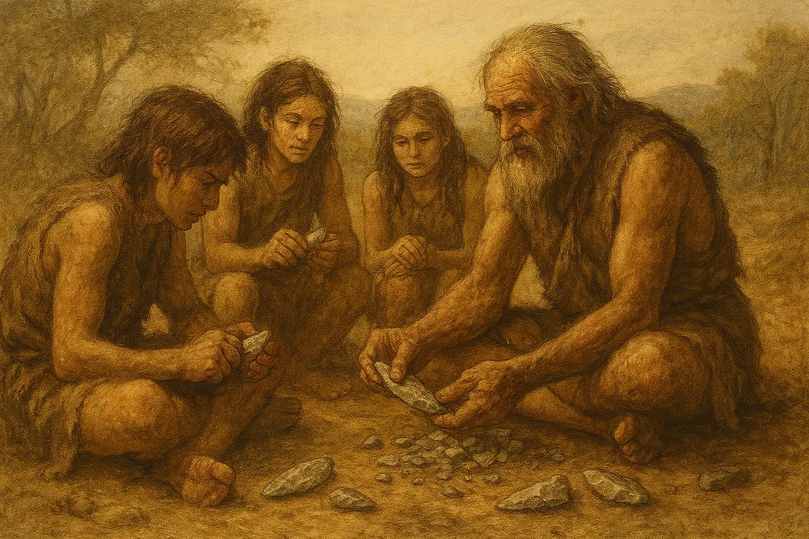 A traditional painting-style depiction of a prehistoric tribal scene. A wise elder kneels beside adolescent youth, aged 14–18, teaching them how to craft stone tools. The group sits outdoors surrounded by primitive tools and natural elements.