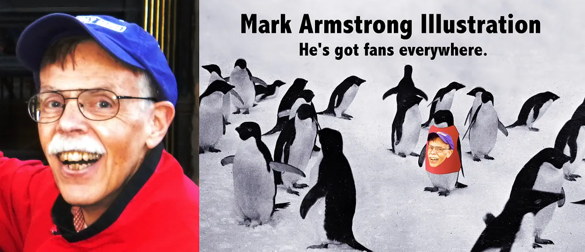 Two-panel image. Photo of illustrator Mark Armstrong on left. On right, old photo of penguins at South Pole. Penguin photo has been doctored by having one of the penguins wearing a red tee-shirt with Mark Armstrong’s face on the front.