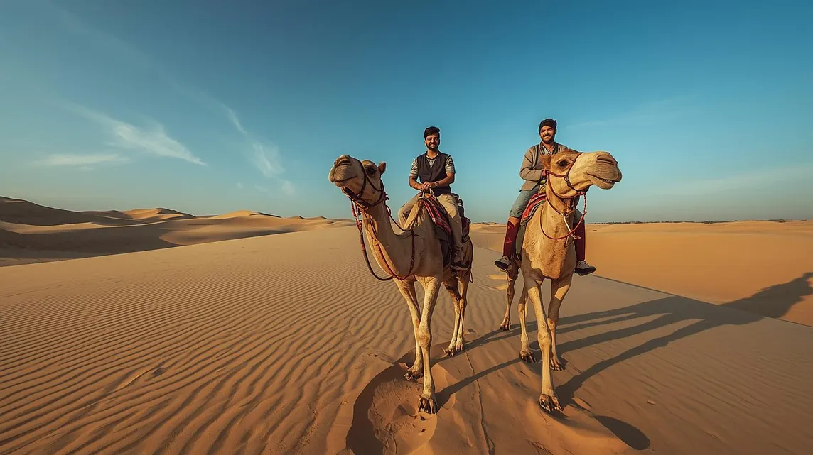 photo of 2 men each riding a camel in the desert