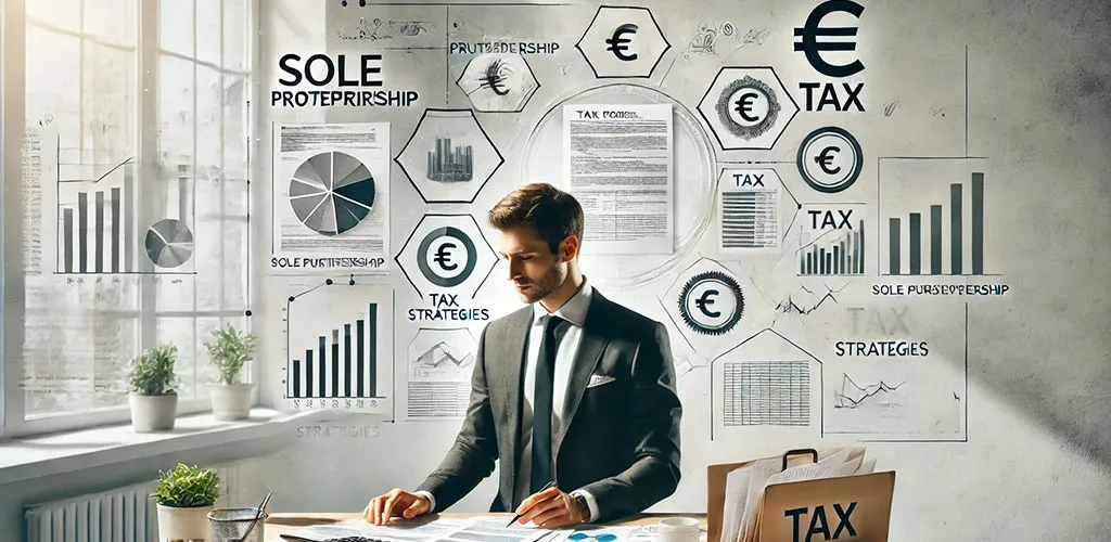 A professional office scene depicting a businessperson managing a sole proprietorship, surrounded by tax-related documents, financial charts, and euro symbols. The image emphasizes tax strategies and the simplicity of handling taxes for sole proprietorships, with clean, modern infographic-like elements.